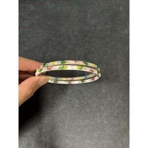 Vintage 2pc Chinese Cloisonne Enamel Floral Bangle Bracelet 2.5" D White/‎ Green